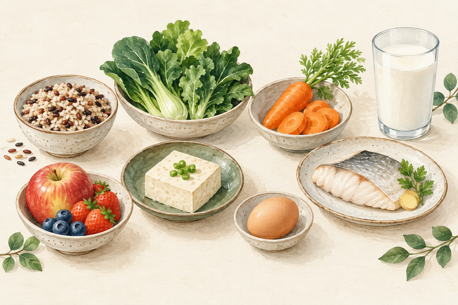 谷物、蔬菜、水果、豆腐、鸡蛋、鱼与牛奶的食物插画